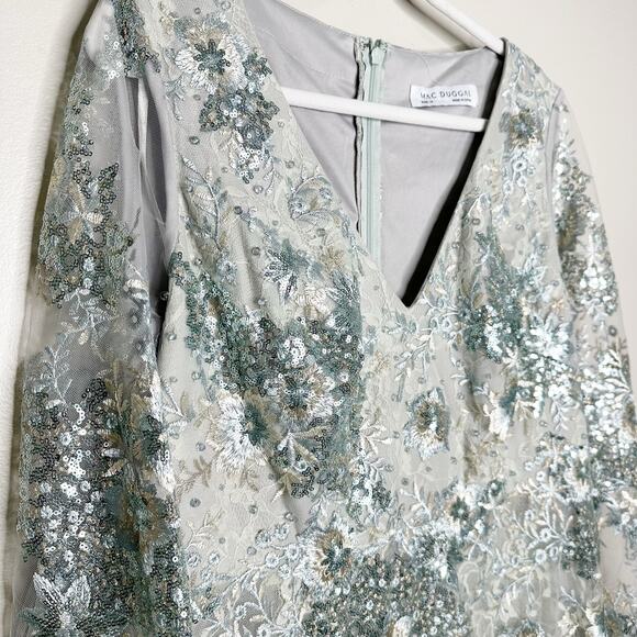 Mac Duggal 67539 Sea Mist Embellished Illusion V Neck Long Sleeve Gown 14 $698 - Picture 4 of 10